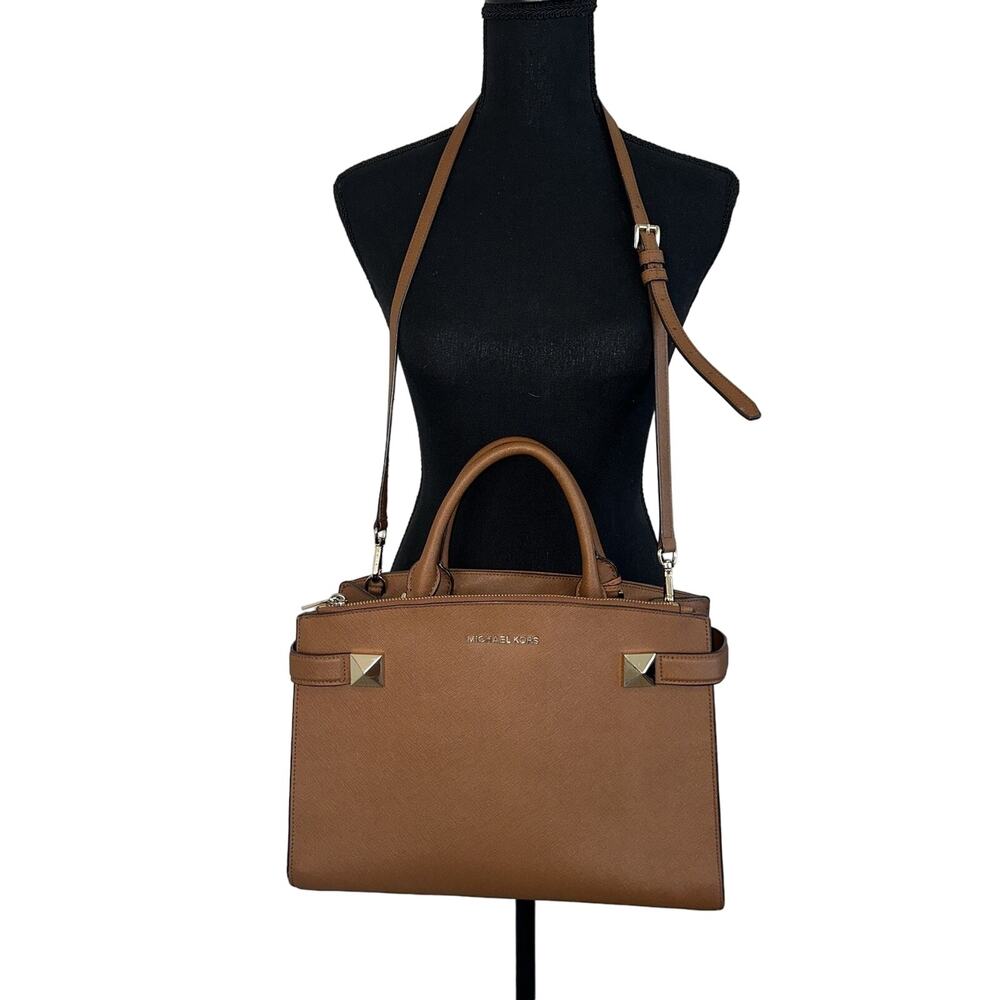 Michael Kors Karla Medium EW Saffiano Leather Satchel Bag, Camel/ Gold Tan Purse